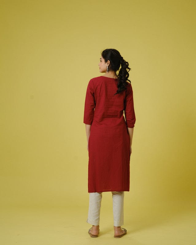 Maroon 3/4th Sleeves Cotton Cambric Floral Thread Work Knee Length Kurta