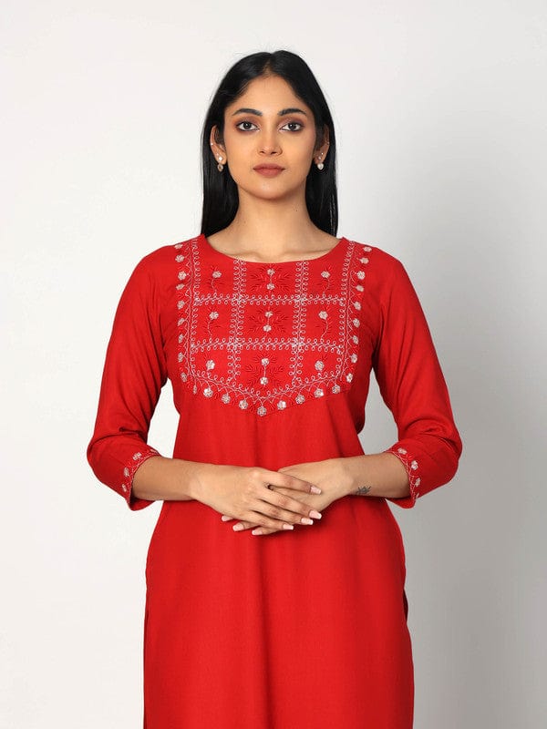 Red 3/4th Sleeves Rayon Thread work and embellishment work Calf length Kurta