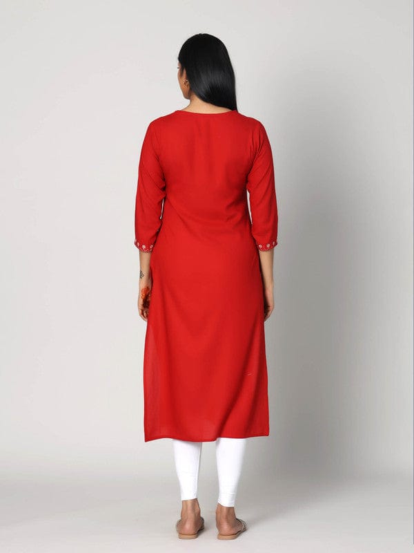 Red 3/4th Sleeves Rayon Thread work and embellishment work Calf length Kurta