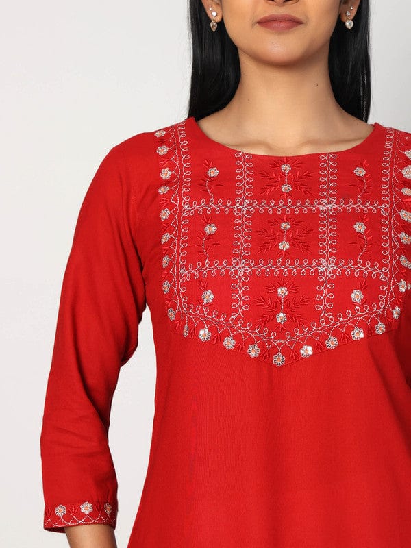Red 3/4th Sleeves Rayon Thread work and embellishment work Calf length Kurta