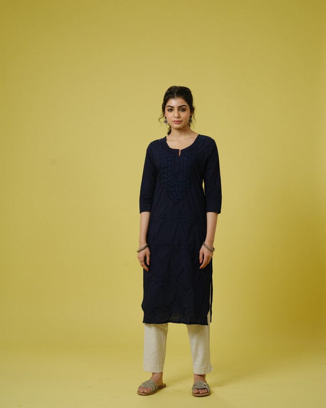 Dark Navy 3/4th Sleeves Cotton Cambric Tonal Floral Thread Work Knee Length Kurta