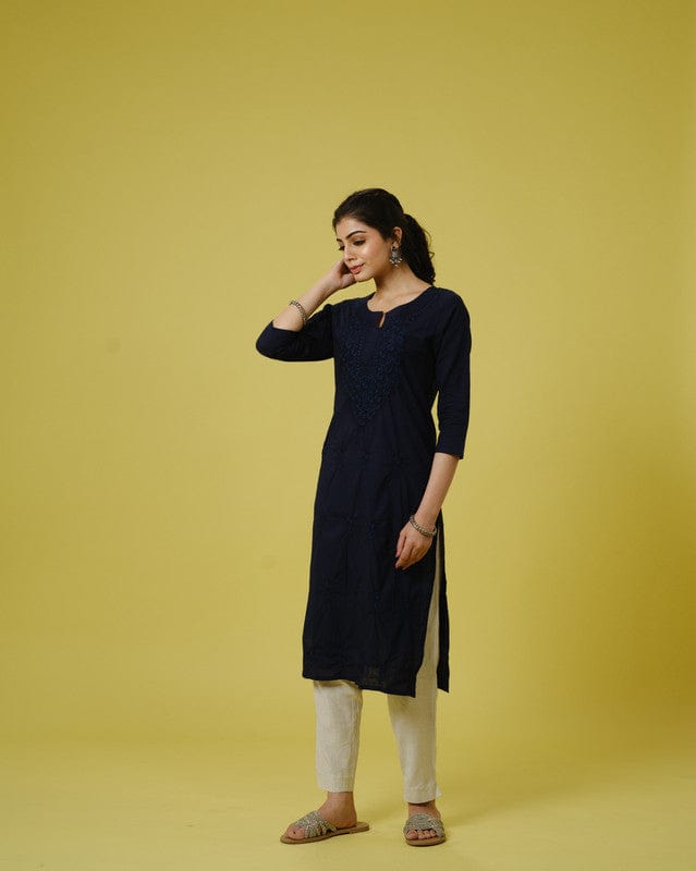 Dark Navy 3/4th Sleeves Cotton Cambric Tonal Floral Thread Work Knee Length Kurta