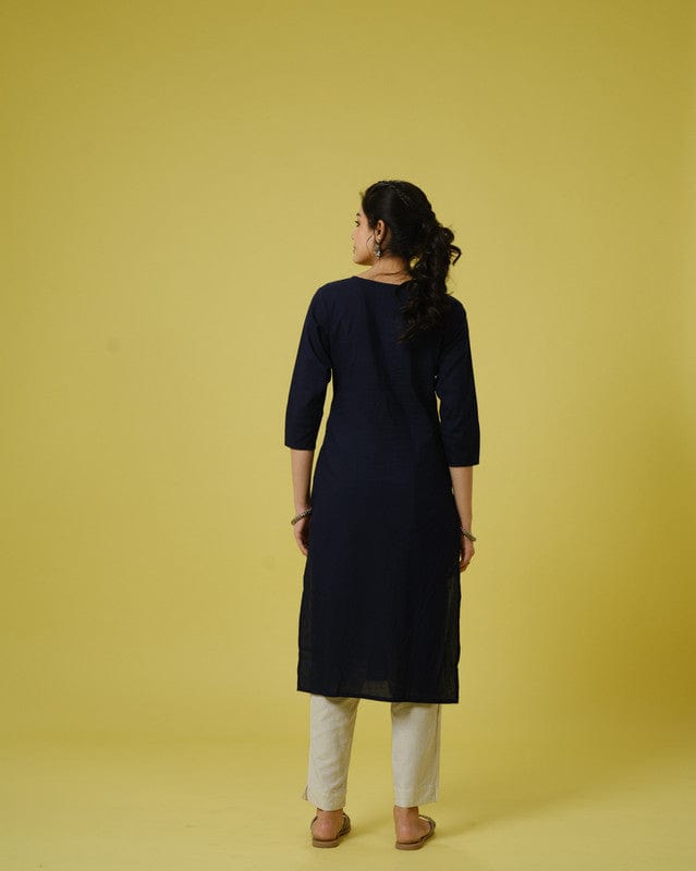 Dark Navy 3/4th Sleeves Cotton Cambric Tonal Floral Thread Work Knee Length Kurta