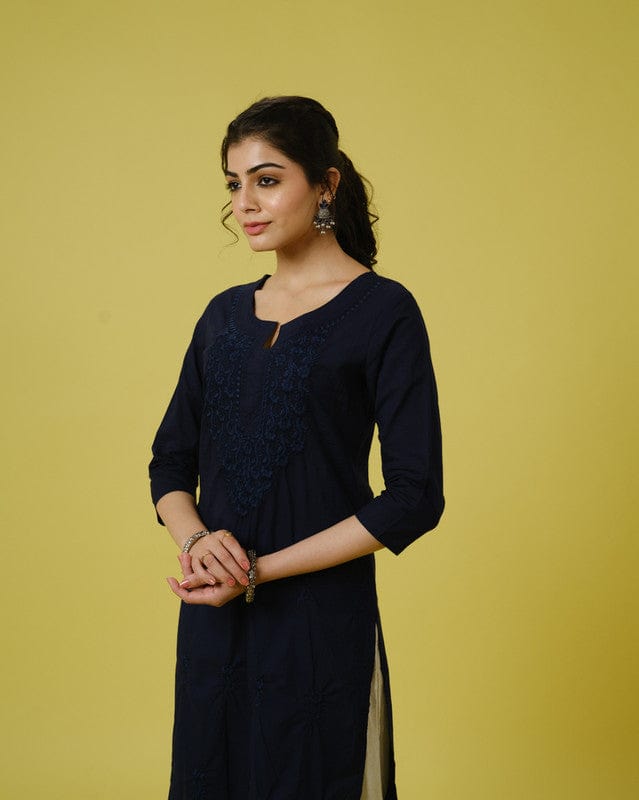 Dark Navy 3/4th Sleeves Cotton Cambric Tonal Floral Thread Work Knee Length Kurta