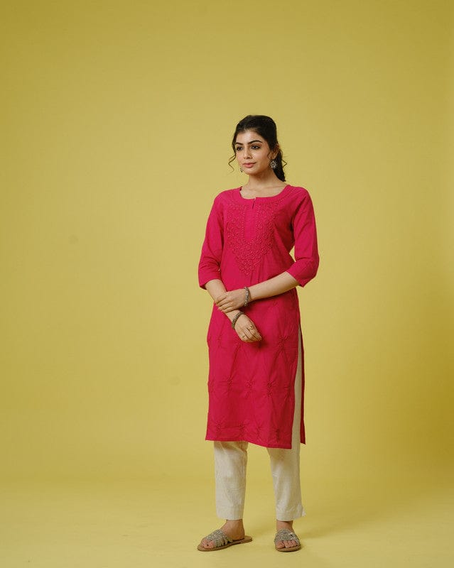 Pink 3/4th Sleeves Cotton Cambric Tonal Floral Thread Work Knee Length Kurta