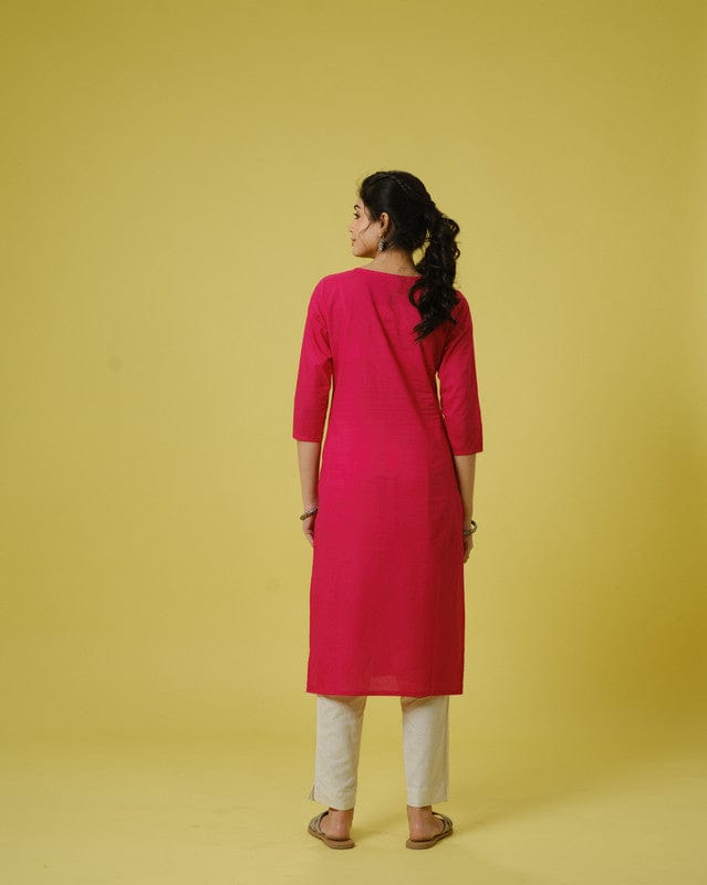 Pink 3/4th Sleeves Cotton Cambric Tonal Floral Thread Work Knee Length Kurta