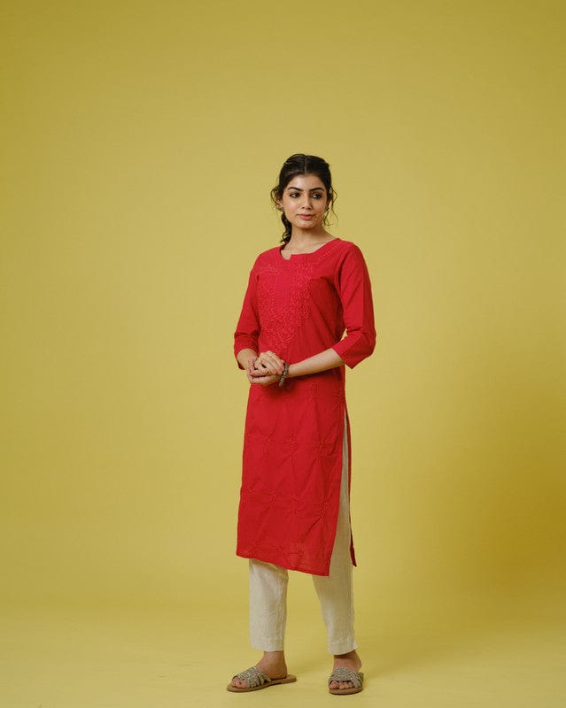 Red 3/4th Sleeves Cotton Cambric Tonal Floral Thread Work Knee Length Kurta