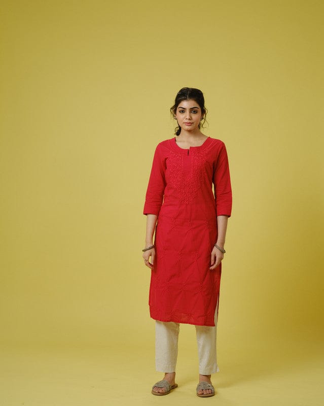 Red 3/4th Sleeves Cotton Cambric Tonal Floral Thread Work Knee Length Kurta