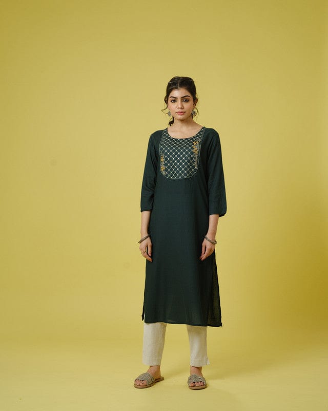 Green 3/4th Sleeves Cotton Cambric Mirror Work, Thread Embroidery Work Calf Length Kurta