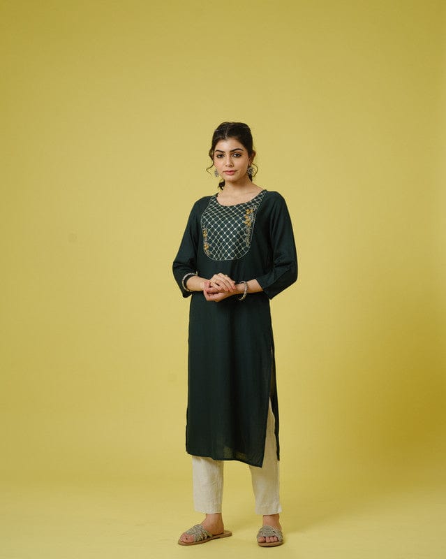 Green 3/4th Sleeves Cotton Cambric Mirror Work, Thread Embroidery Work Calf Length Kurta