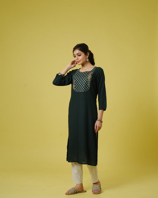 Green 3/4th Sleeves Cotton Cambric Mirror Work, Thread Embroidery Work Calf Length Kurta