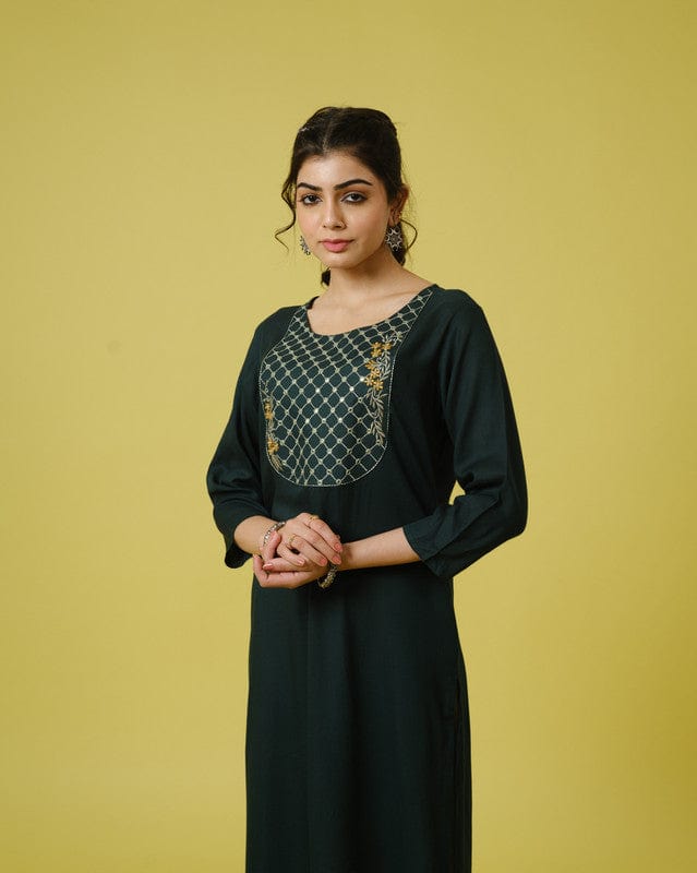 Green 3/4th Sleeves Cotton Cambric Mirror Work, Thread Embroidery Work Calf Length Kurta