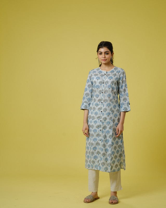 Beige 3/4th Sleeves Cotton Block Print Calf Length Kurta