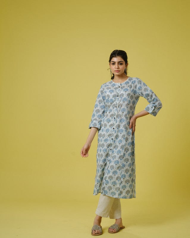 Beige 3/4th Sleeves Cotton Block Print Calf Length Kurta