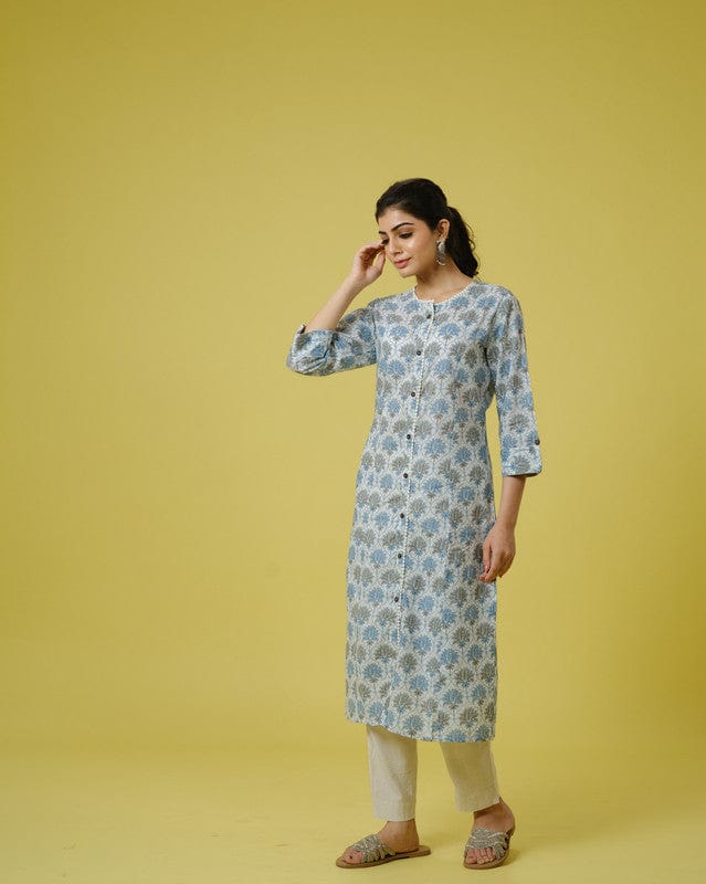 Beige 3/4th Sleeves Cotton Block Print Calf Length Kurta
