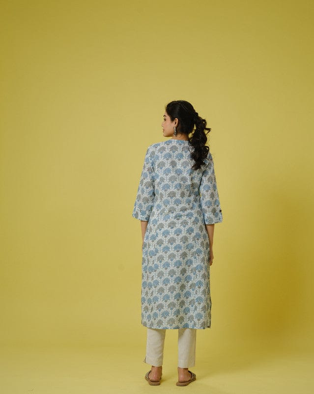 Beige 3/4th Sleeves Cotton Block Print Calf Length Kurta