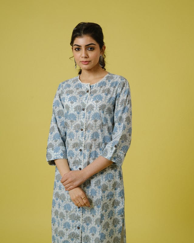 Beige 3/4th Sleeves Cotton Block Print Calf Length Kurta
