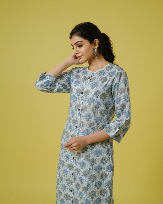 Beige 3/4th Sleeves Cotton Block Print Calf Length Kurta