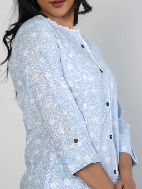 Light Blue 3/4th Sleeves Cotton Block print Calf length Kurta