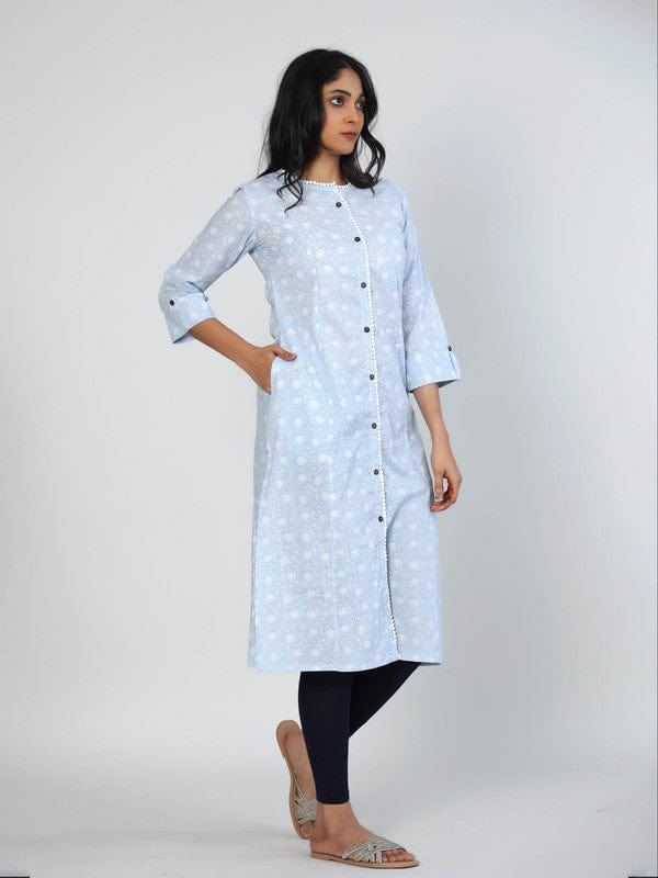 Light Blue 3/4th Sleeves Cotton Block print Calf length Kurta