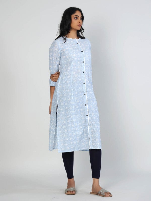 Light Blue 3/4th Sleeves Cotton Block print Calf length Kurta
