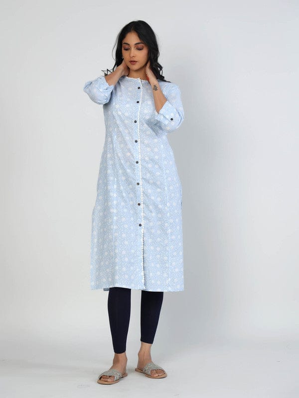 Light Blue 3/4th Sleeves Cotton Block print Calf length Kurta