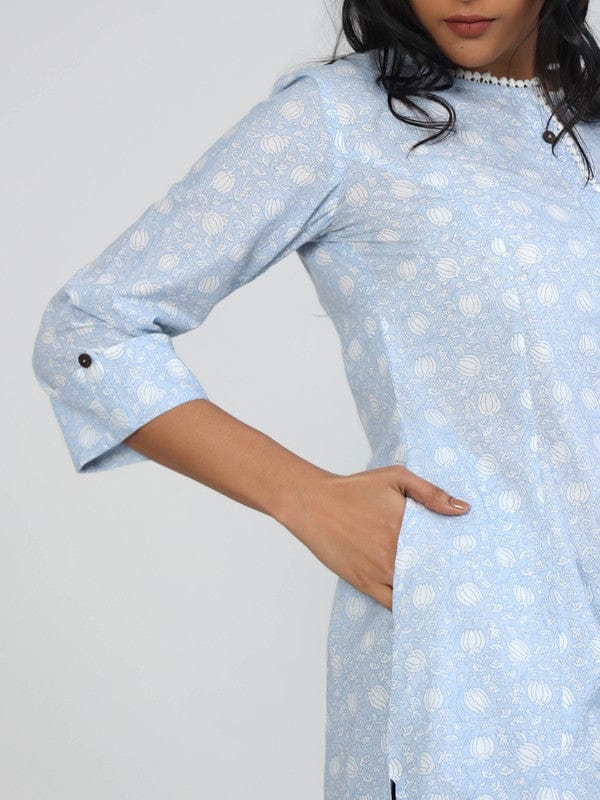 Light Blue 3/4th Sleeves Cotton Block print Calf length Kurta