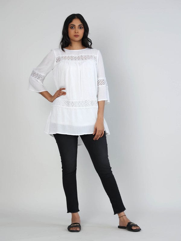Off White 3/4th Sleeves Chiffon Solid Hip length Top