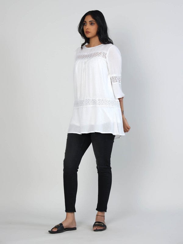 Off White 3/4th Sleeves Chiffon Solid Hip length Top