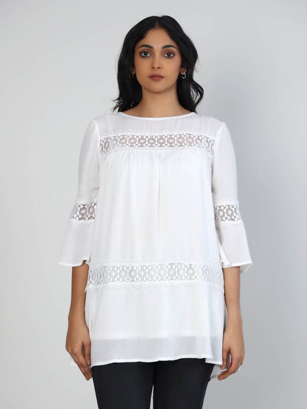 Off White 3/4th Sleeves Chiffon Solid Hip length Top