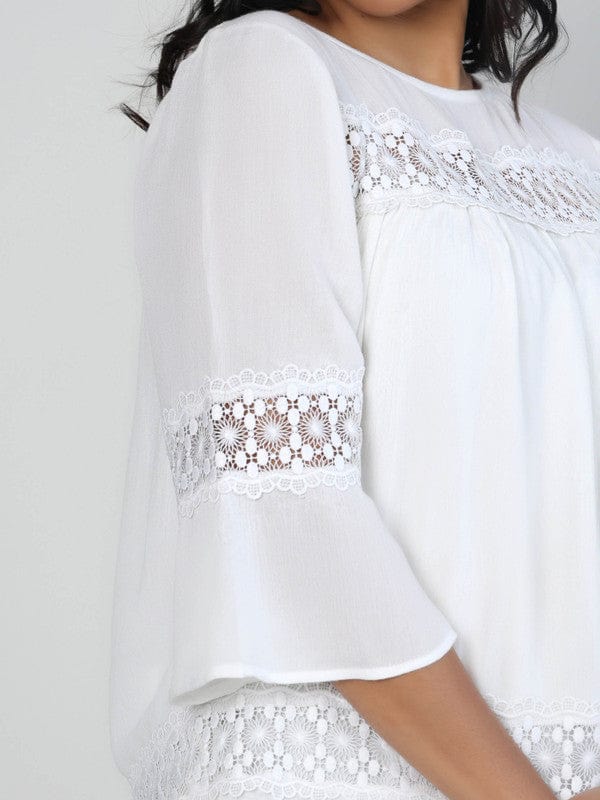 Off White 3/4th Sleeves Chiffon Solid Hip length Top