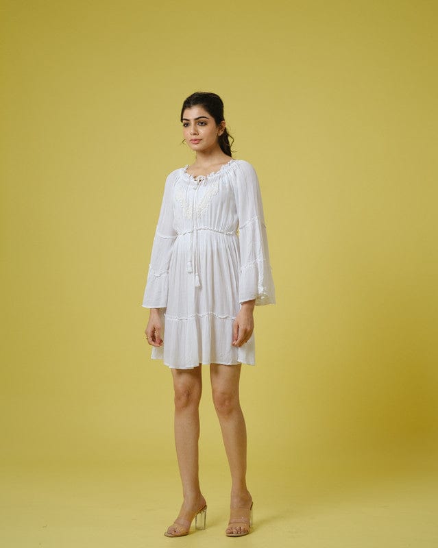 White Full Sleeves Chiffon Tone on Embroidery Mid thigh Tunic