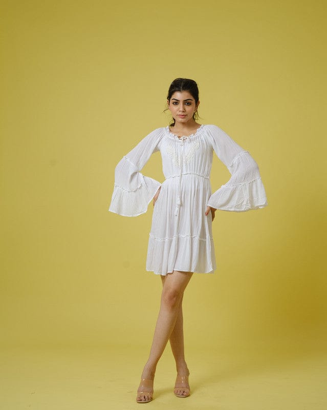 White Full Sleeves Chiffon Tone on Embroidery Mid thigh Tunic