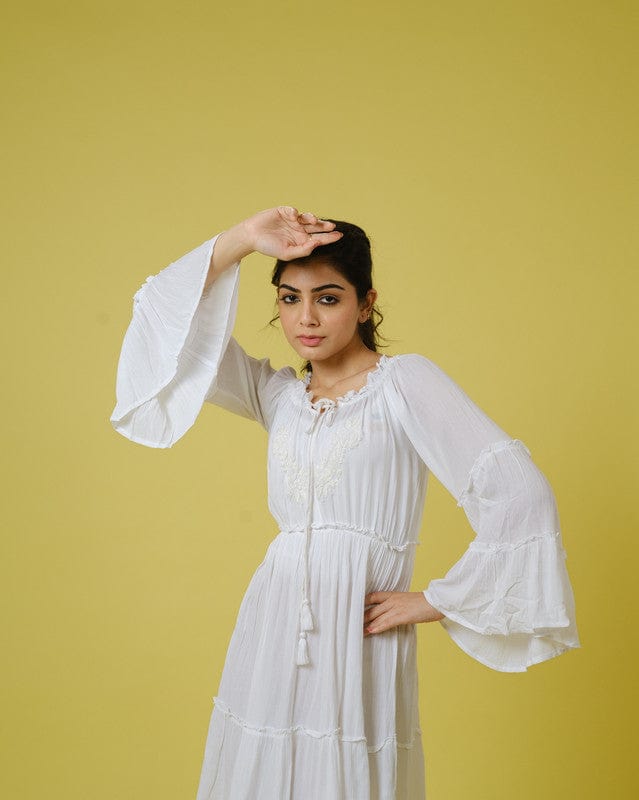 White Full Sleeves Chiffon Tone on Embroidery Mid thigh Tunic