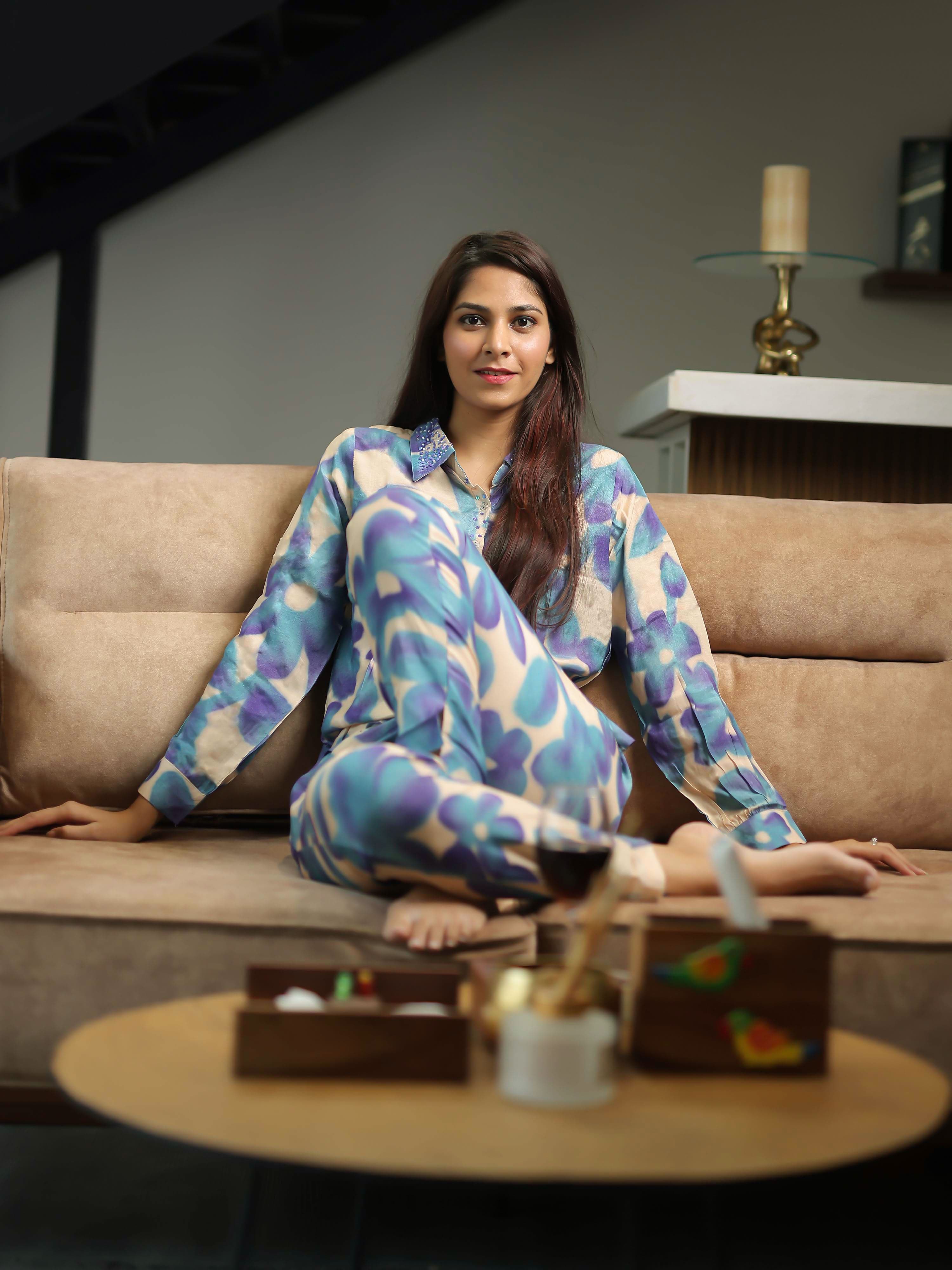 Beige Full Sleeve Collared neck Co-ords Set