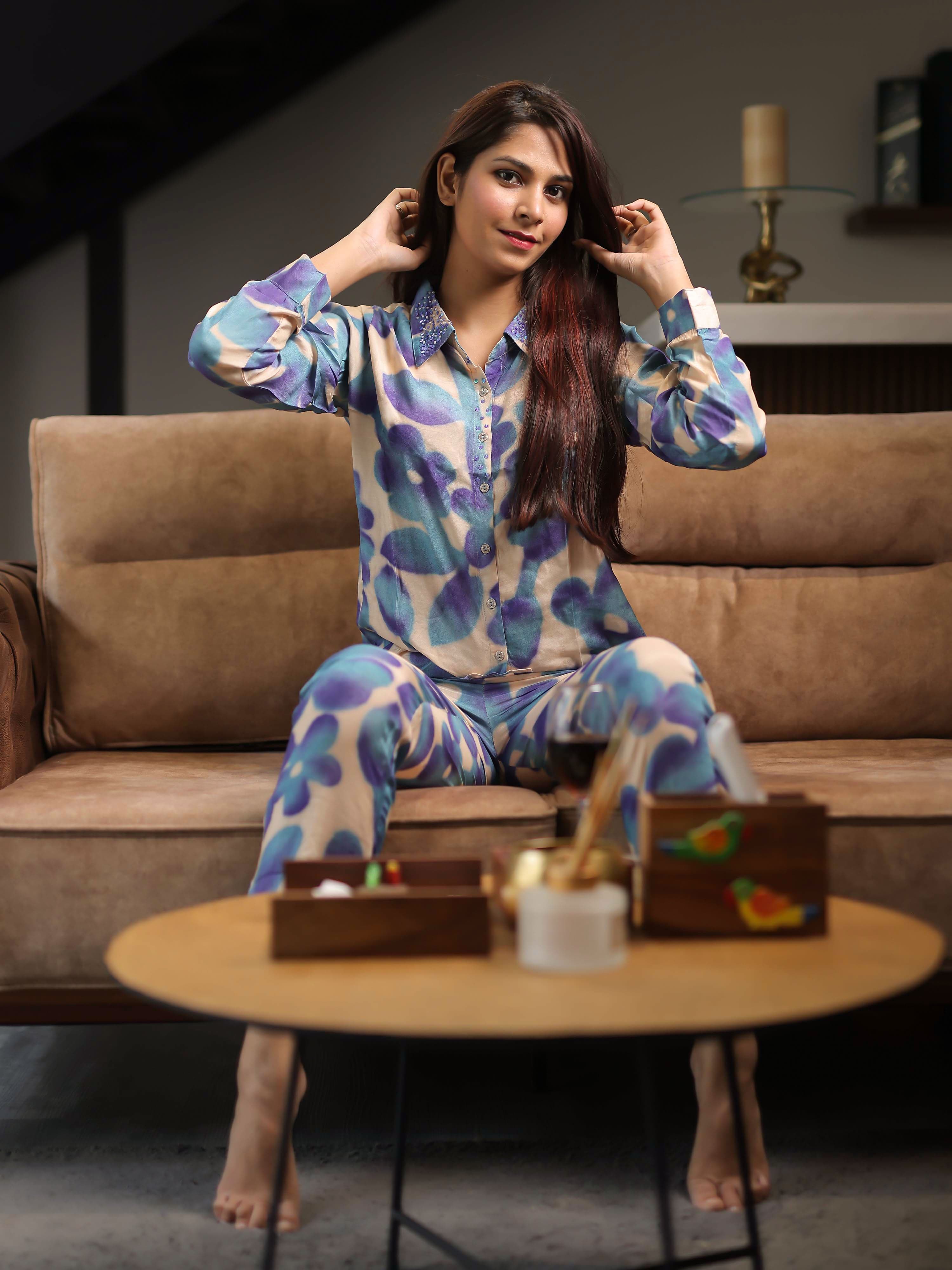 Beige Full Sleeve Collared neck Co-ords Set