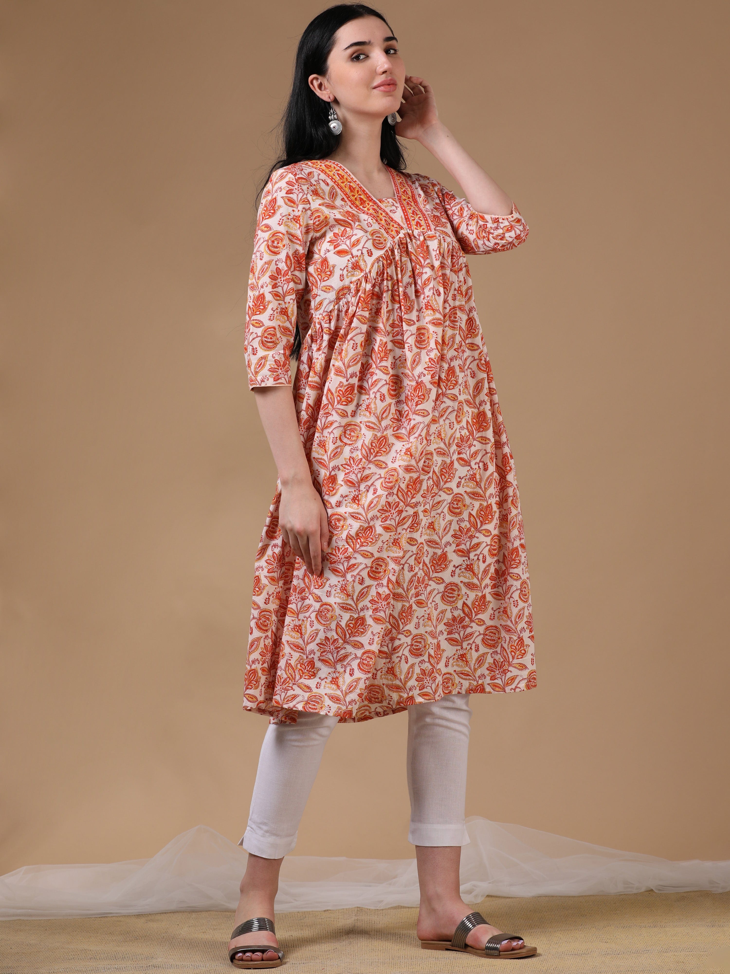 Orange Full Sleeves Casual Wear Kurta