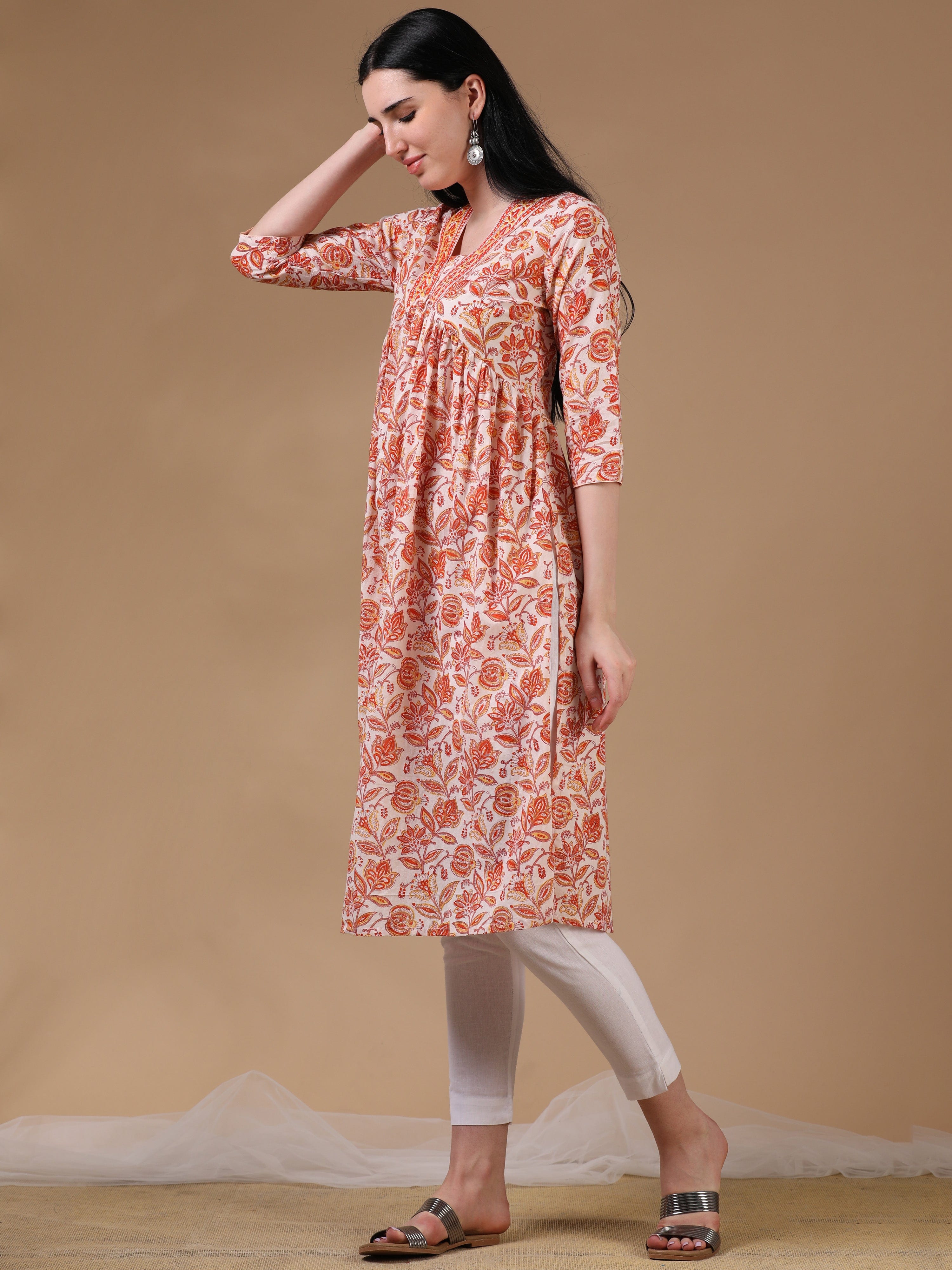 Orange Full Sleeves Casual Wear Kurta