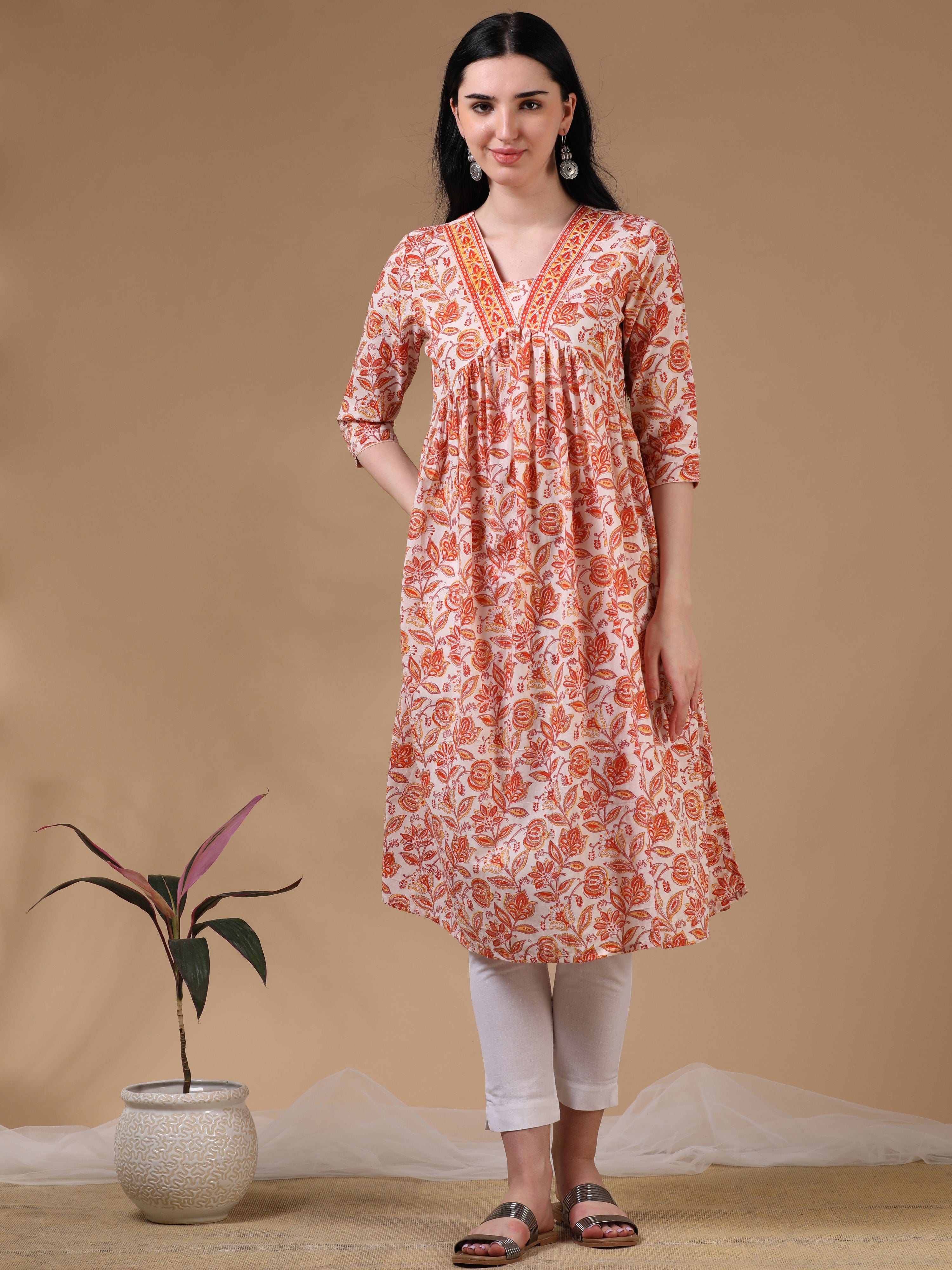 Orange Full Sleeves Casual Wear Kurta