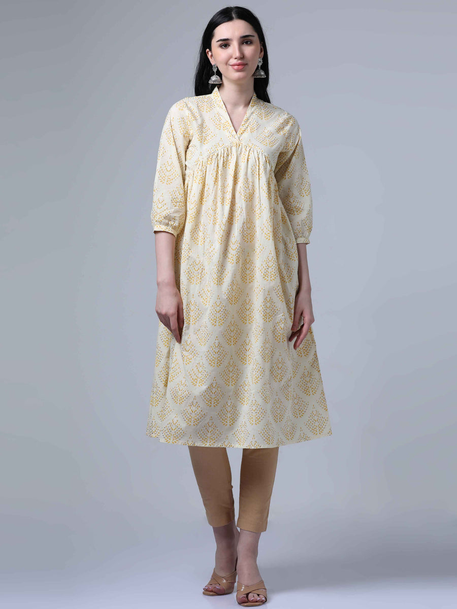 Cream 3/4th Sleeves Casual Wear Kurta