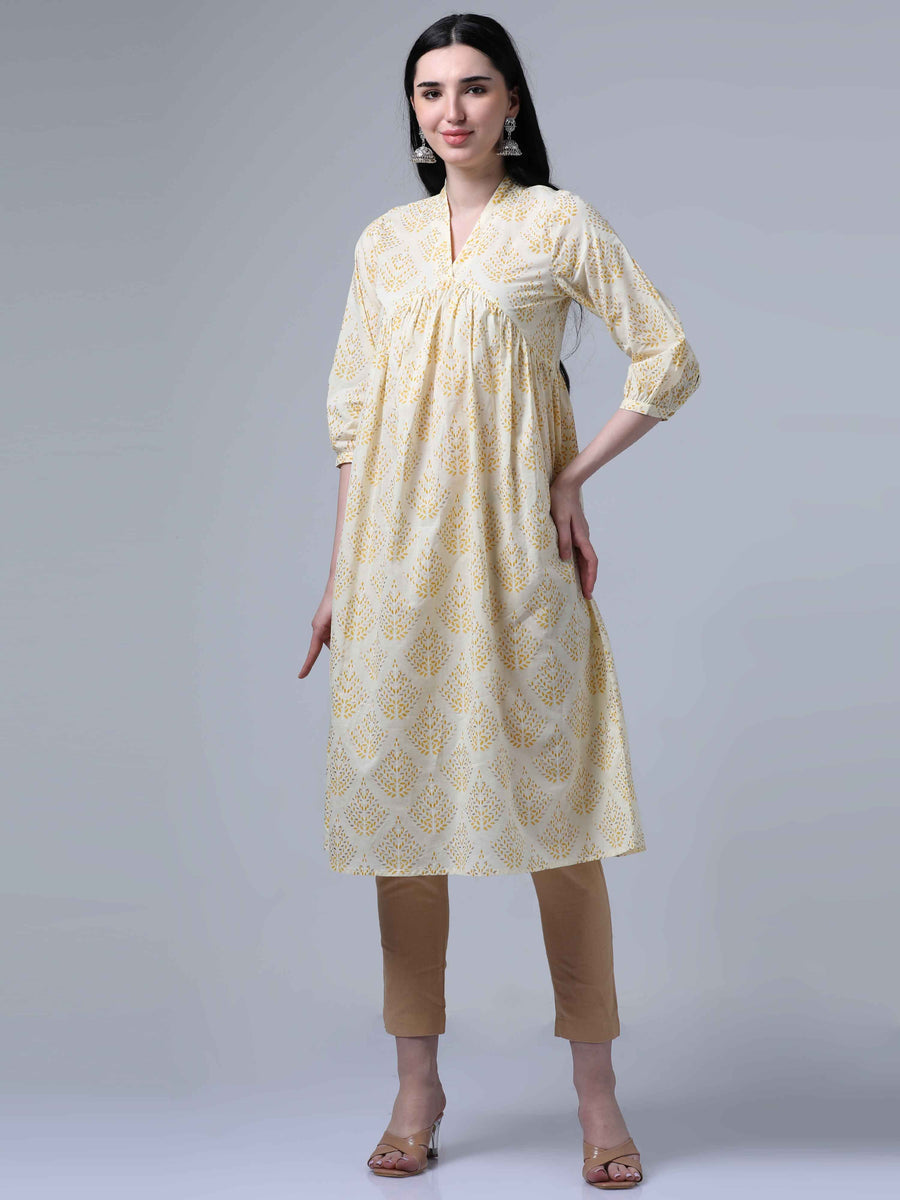 Cream 3/4th Sleeves Casual Wear Kurta