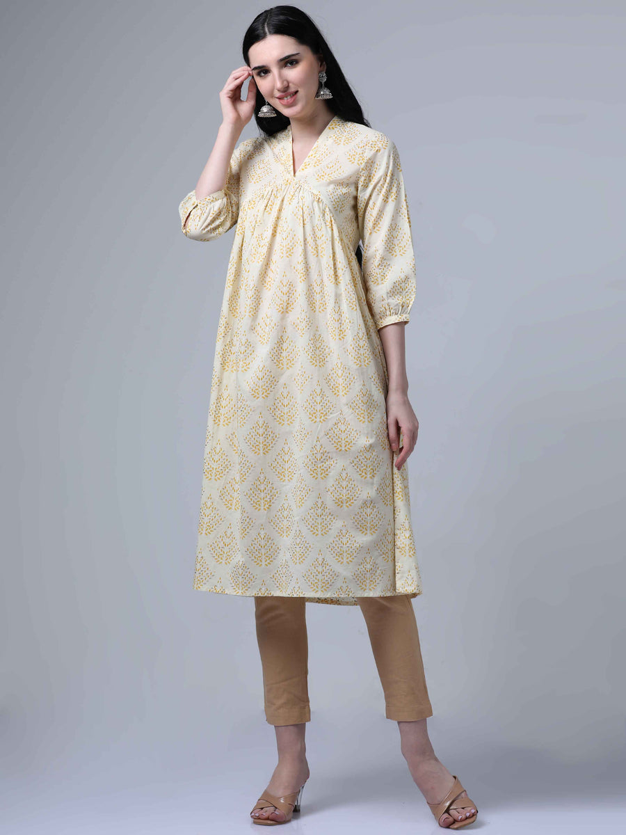 Cream 3/4th Sleeves Casual Wear Kurta