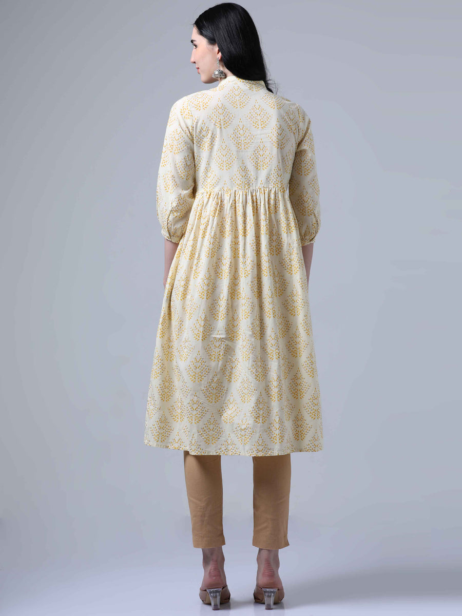 Cream 3/4th Sleeves Casual Wear Kurta