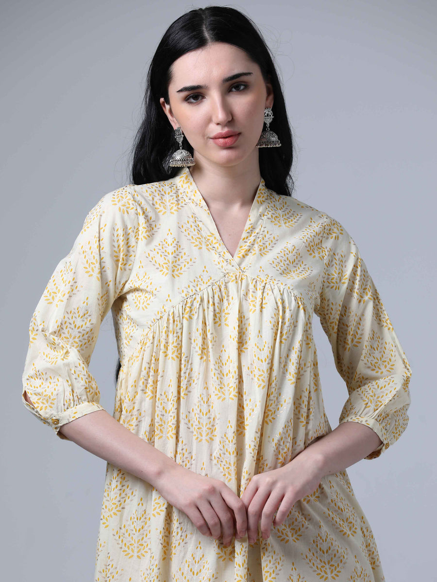 Cream 3/4th Sleeves Casual Wear Kurta