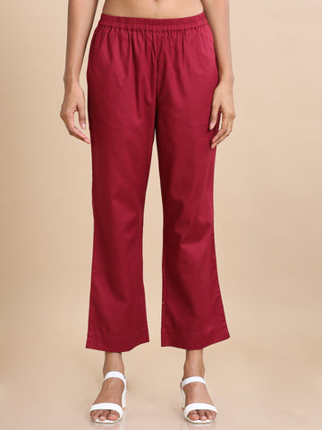 Maroon Cotton Solid Regular fit Ankle length Pants