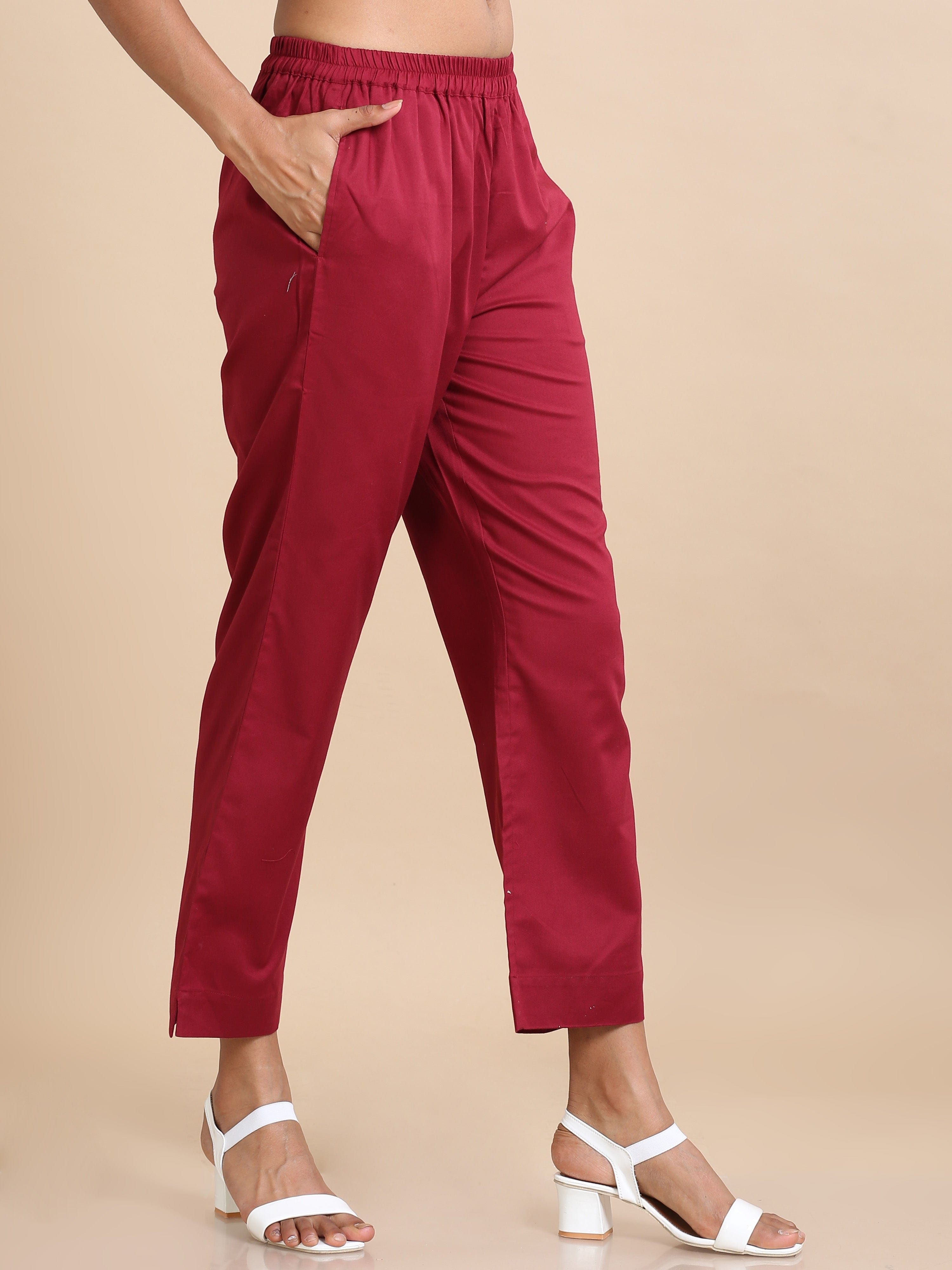 Maroon Cotton Solid Regular fit Ankle length Pants
