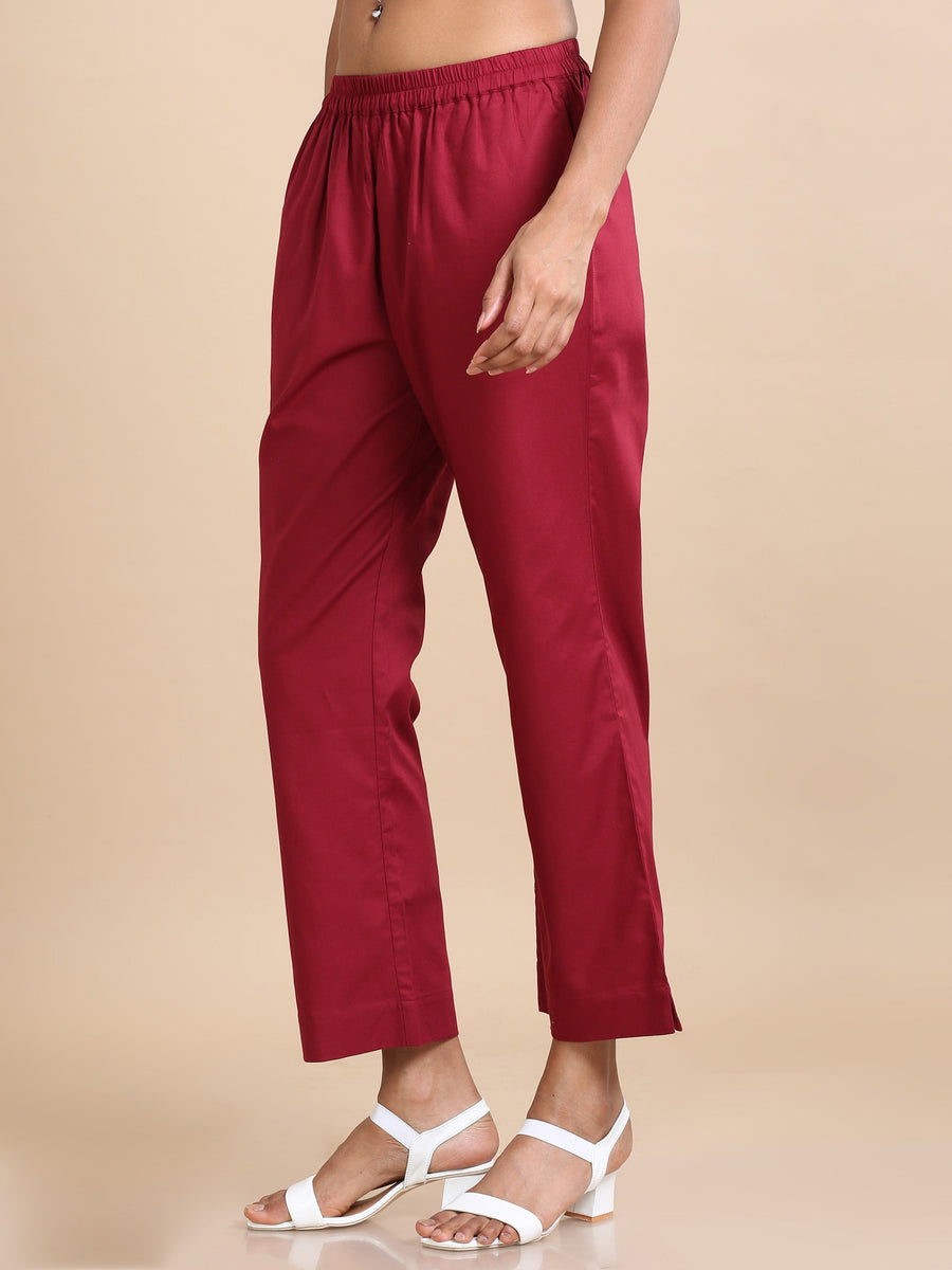 Maroon Cotton Solid Regular fit Ankle length Pants