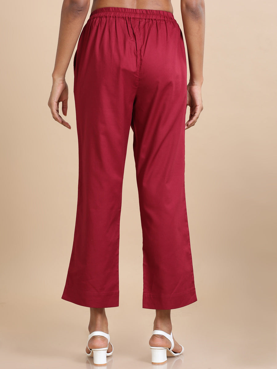 Maroon Cotton Solid Regular fit Ankle length Pants