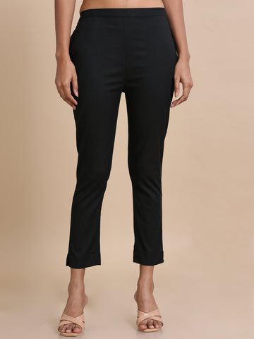 Black Cotton Solid Slim fit Ankle length Pants