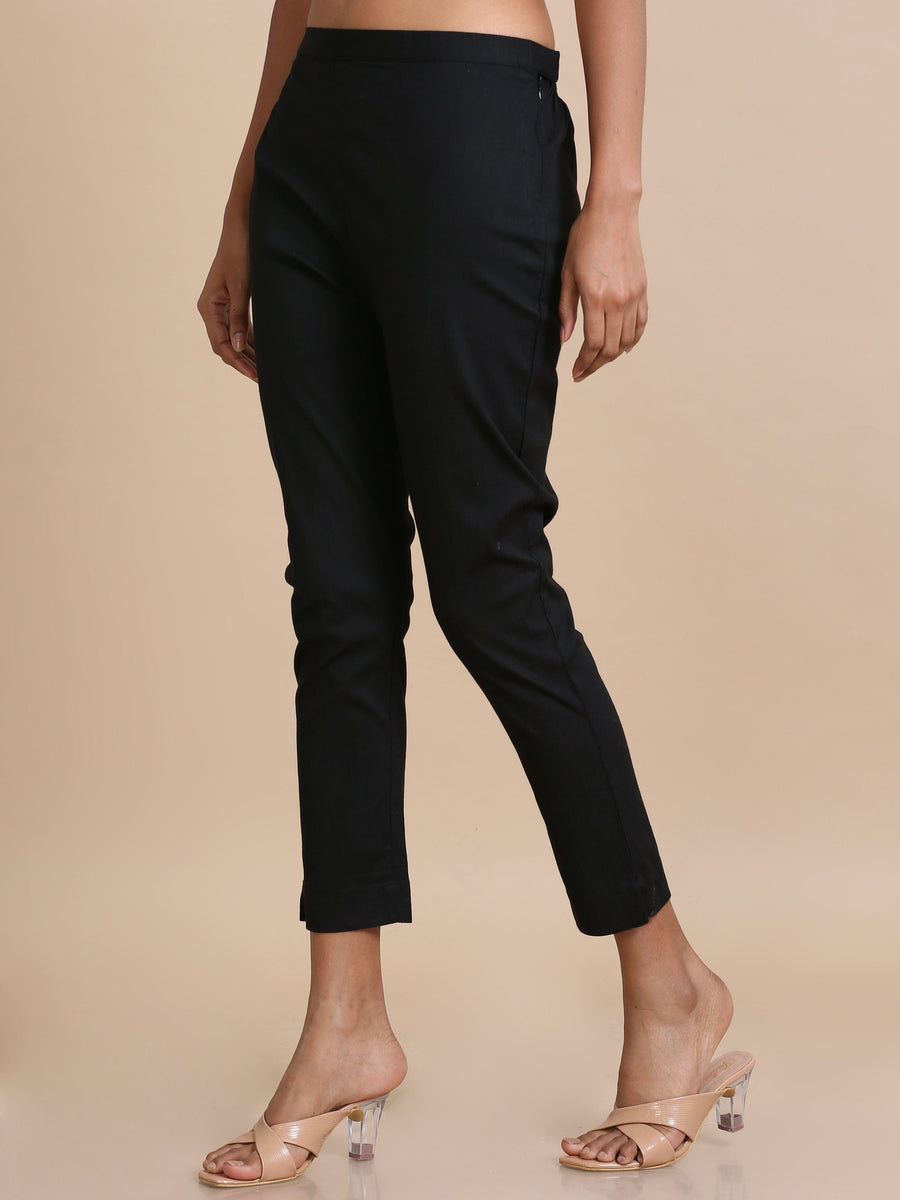 Black Cotton Solid Slim fit Ankle length Pants